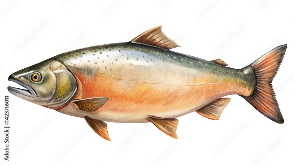 Watercolor painting of a mature male Chum salmon, showing spawning colors Watercolor painting of a mature male Chum salmon, showing spawning colors