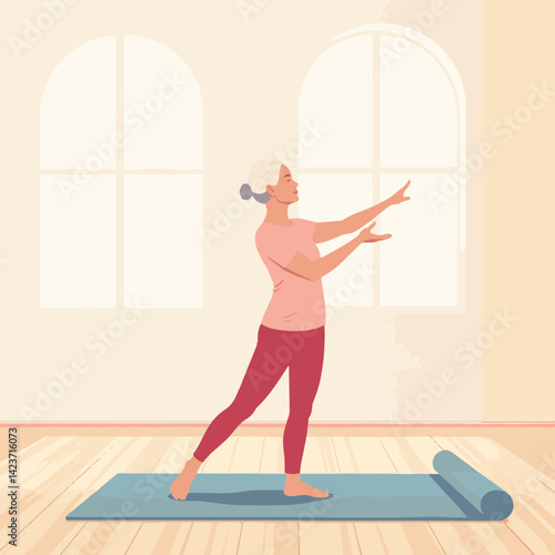 Elderly woman practicing yoga in minimal studio, inner peace
