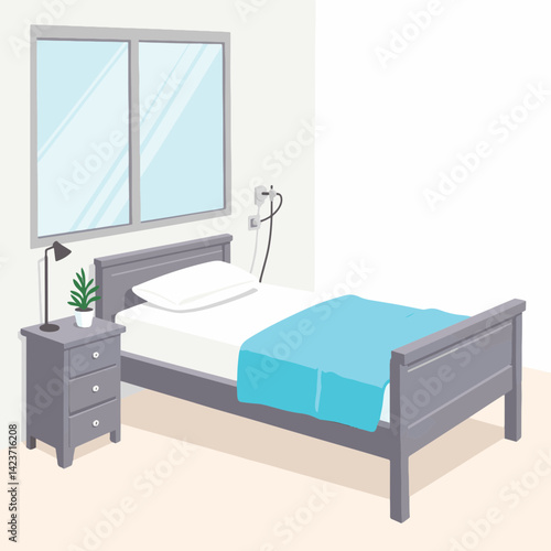 Clean hospital bed in bright room with natural light, health care