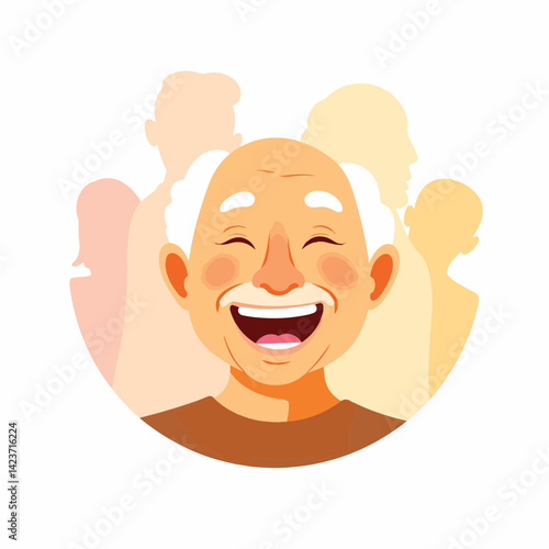Elderly man laughing joyfully framed by family symbols, unity and warmth