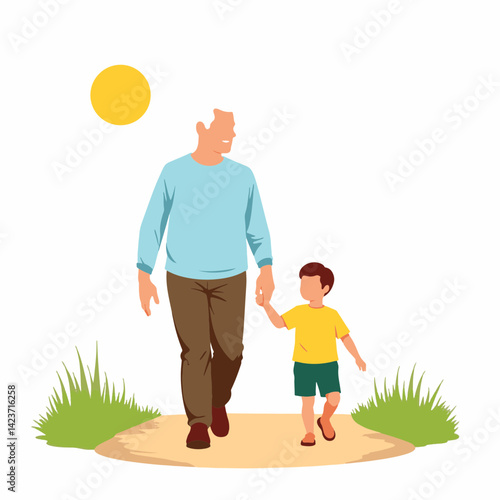 Elderly man and grandson walking hand in hand on sunny pathway, connection