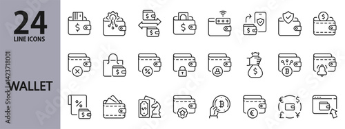 Wallet line icons set with Money, Payment, Card, Transfer, Deposit, Dividend, Cryptocurrency and more. Editable Stroke