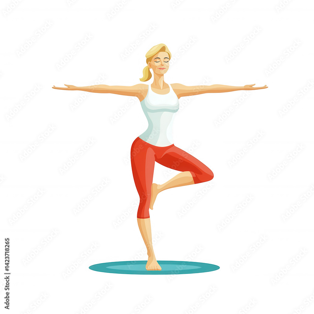 Fototapeta premium A woman practicing yoga in a balanced pose, showcasing strength and tranquility on a yoga mat. Ideal for wellness, fitness, and meditation themes.