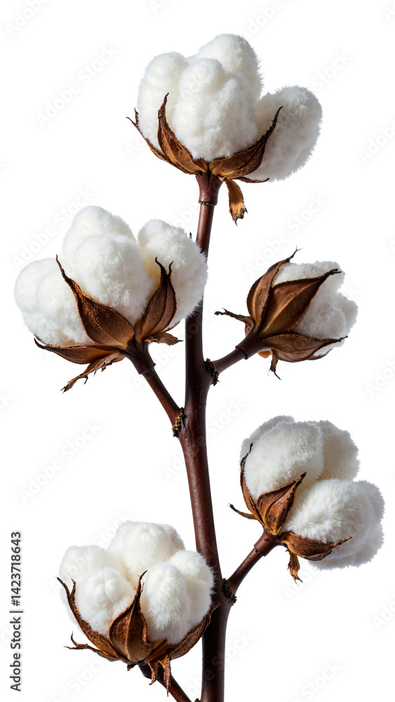 High-resolution image of pristine white cotton bolls, isolated on transparent background for agricultural marketing and eco-friendly campaigns.