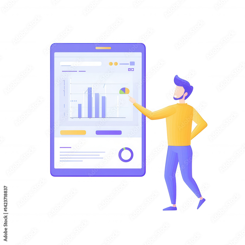 A young man analyzes data on a large tablet screen, showcasing graphs and charts, representing modern business analytics and technology in a minimalist style. A young man analyzes data on a large tablet screen, showcasing graphs and charts, representing modern business analytics and technology in a minimalist style.