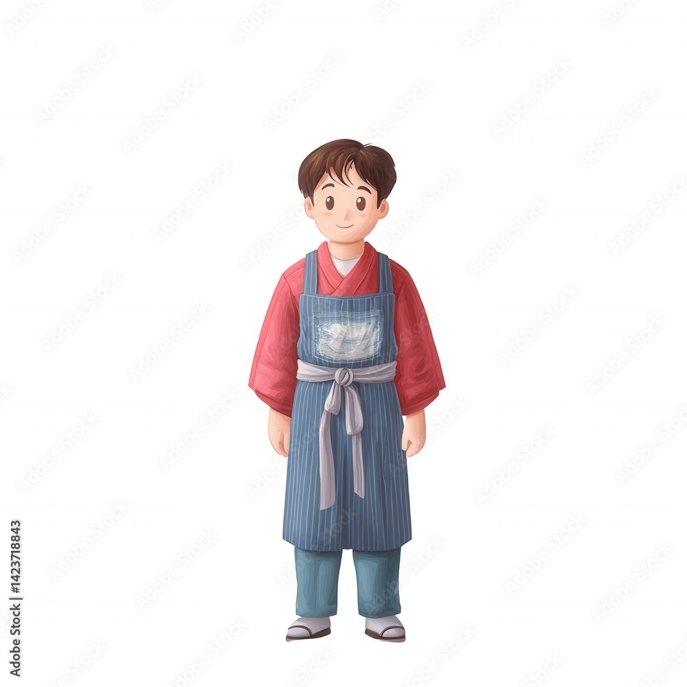 A young male character wearing a colorful outfit and apron, standing confidently with a friendly expression. A young male character wearing a colorful outfit and apron, standing confidently with a friendly expression.