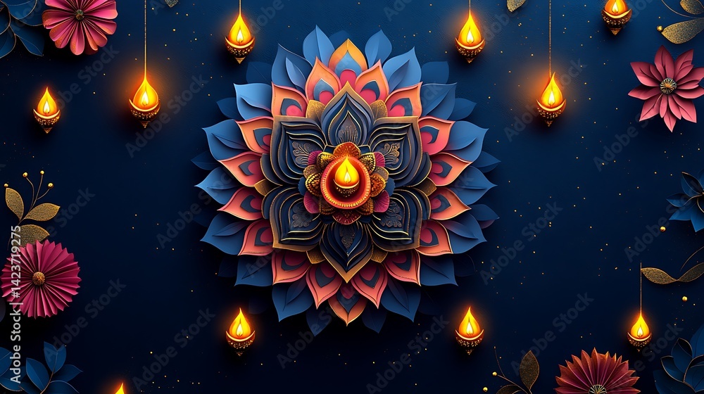 Fototapeta premium Diwali greeting card with bold mandala Rangoli cut from layered pastel and jewel-toned paper, strings of diya lamps glowing above in arched formation,
