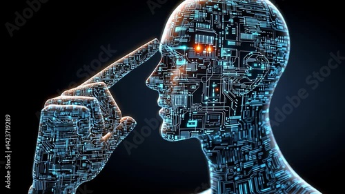 Human-like robot touching temple in digital circuit background representing artificial intelligence technology