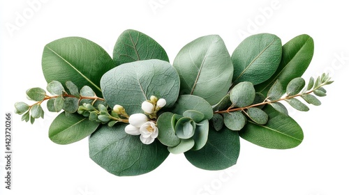 Green eucalyptus leaves and small white flowers arrangement isolated on white background. Perfect for wedding