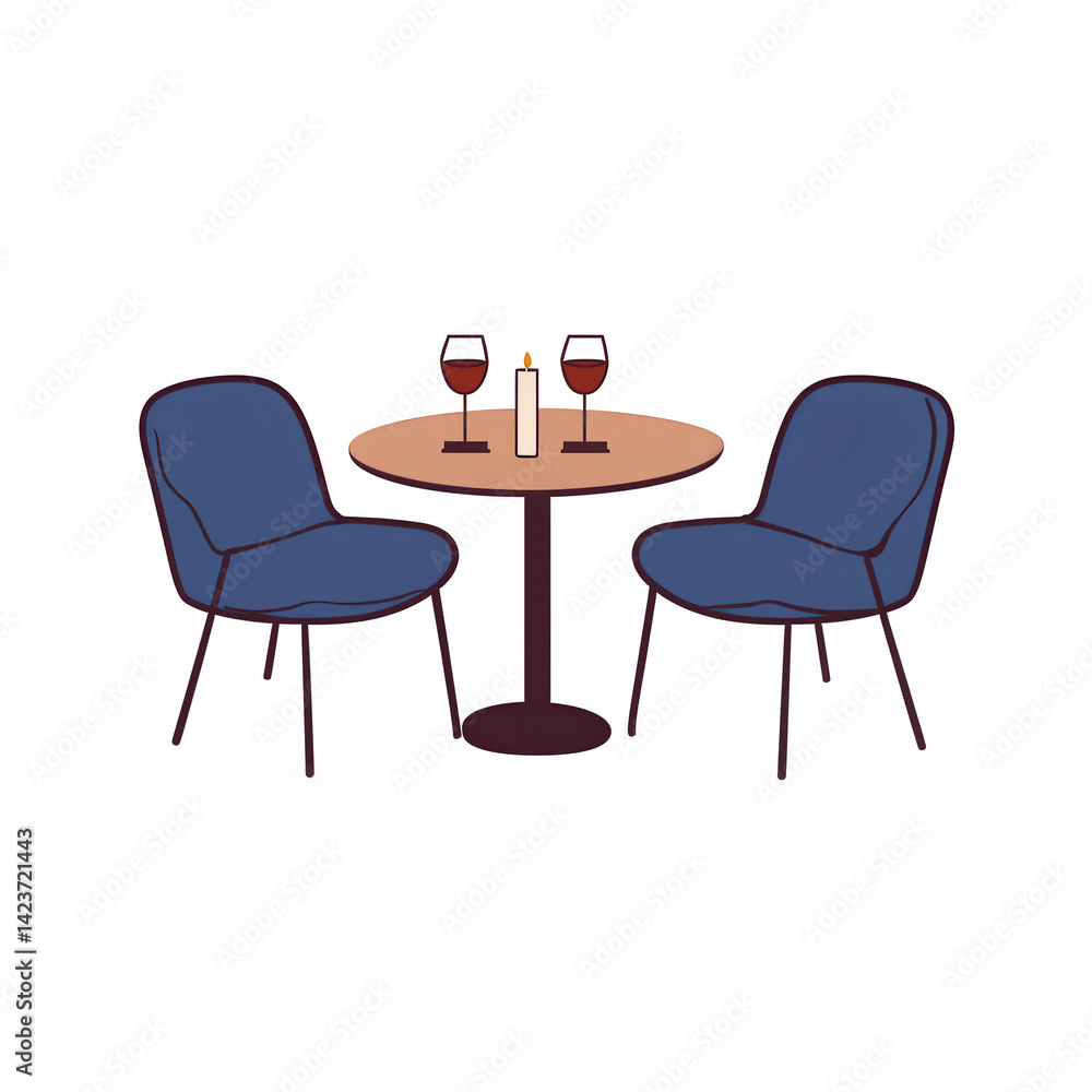 Fototapeta premium Cozy dining setup with two chairs and a table adorned with candles and glasses of wine, perfect for a romantic evening.