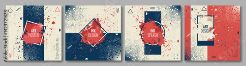 Set of abstract backgrounds. Hand-drawn posters in retro colors. Paint splashes, halftone elements. Design for cover, postcard, gift card, invitation. Vector illustrations.