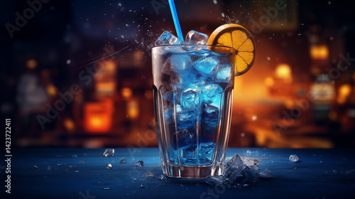 Cocktail with ice in blue shades.