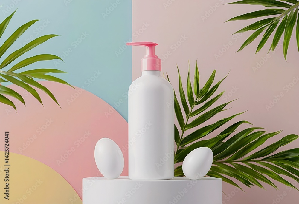 a minimalist product mockup featuring a white pump bottle and smooth stones against a pastel geometric backdrop with tropical foliage. a minimalist product mockup featuring a white pump bottle and smooth stones against a pastel geometric backdrop with tropical foliage.