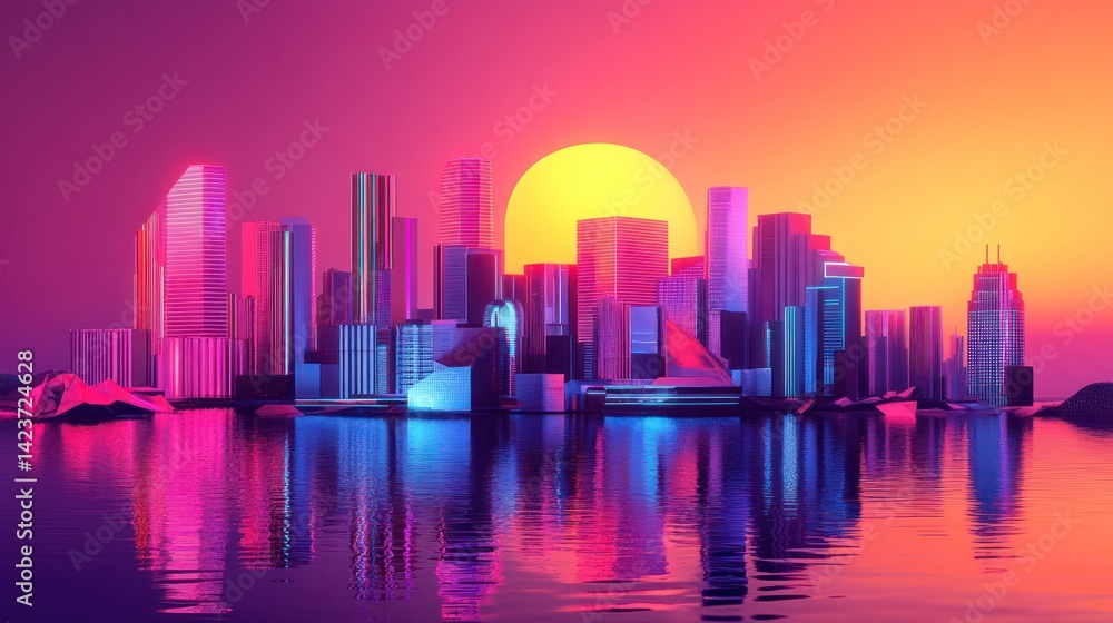 Obraz premium Neon cityscape at sunset over water
