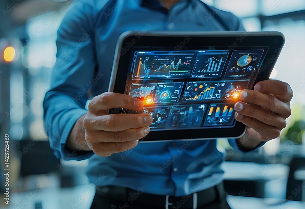 a business professional analyzes complex data visualizations on a digital tablet, representing modern technology and data-driven decision making. a business professional analyzes complex data visualizations on a digital tablet, representing modern technology and data-driven decision making.
