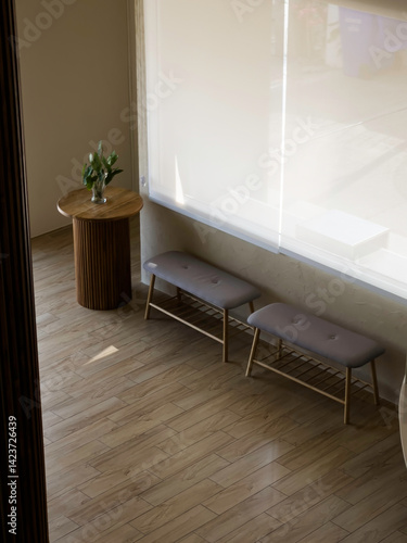 Cafe restaurant interior with wooden furniture
