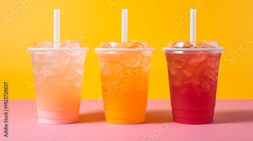 Cocktails with ice in plastic cups on a colored background.