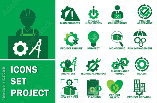 Collection of solid icons related to project, startup, management, business. Editable strokes. Vector illustration