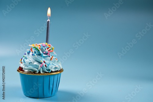 Blue cupcake topped with colorful sprinkles and a lit birthday candle, placed against a soft blue background. The frosting is rich and vibrant with a festive feel