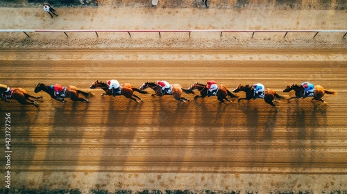A group of horses and jockeys racing on a dirt track.