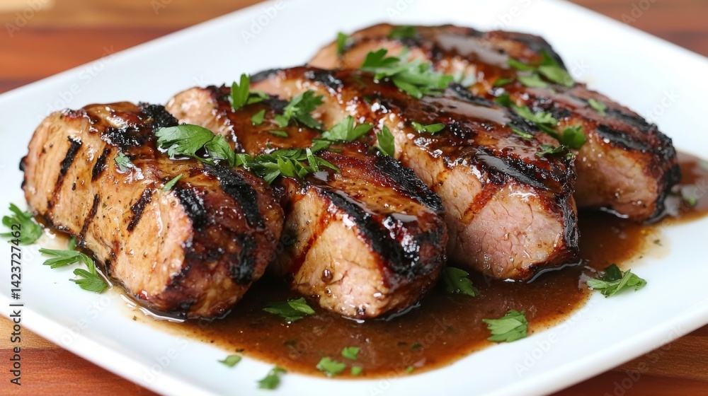 grilled pork tenderloin slices, drizzled with a luscious sauce, artfully arranged on a white plate and garnished with fresh parsley for a pop of color grilled pork tenderloin slices, drizzled with a luscious sauce, artfully arranged on a white plate and garnished with fresh parsley for a pop of color