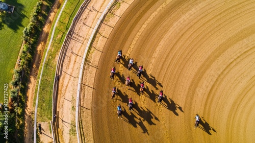 A group of jockeys riding horses on a race track.