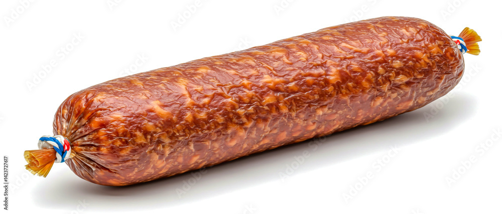 Shaped cured sausage with a deep reddish-brown color, hanging by a rustic red and blue twine Shaped cured sausage with a deep reddish-brown color, hanging by a rustic red and blue twine
