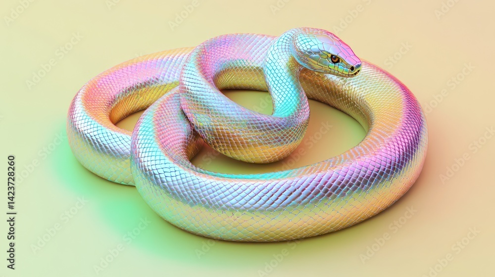 Fototapeta premium Colorful iridescent snake coiled on pastel background