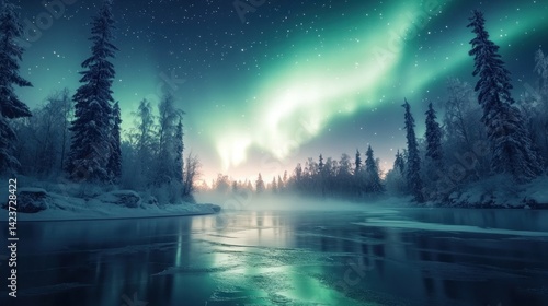 Wallpaper Mural Enchanted Winter Night: Aurora Borealis over Frozen River Torontodigital.ca