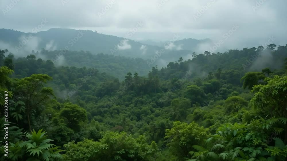 Overlooking Lush Green Rainforest with Mist and Rolling Hills