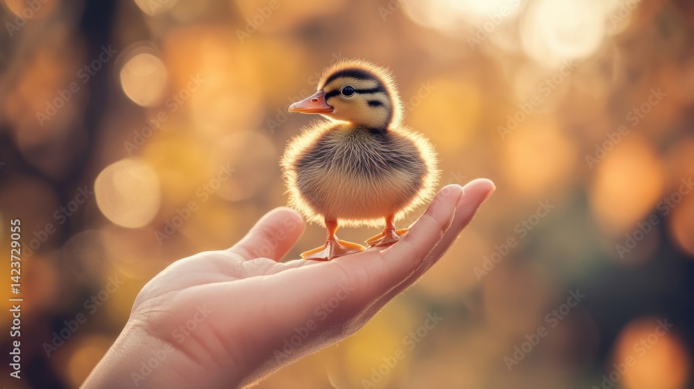 Fototapeta premium Tiny duckling rests gently in a hand, bathed in warm sunlight