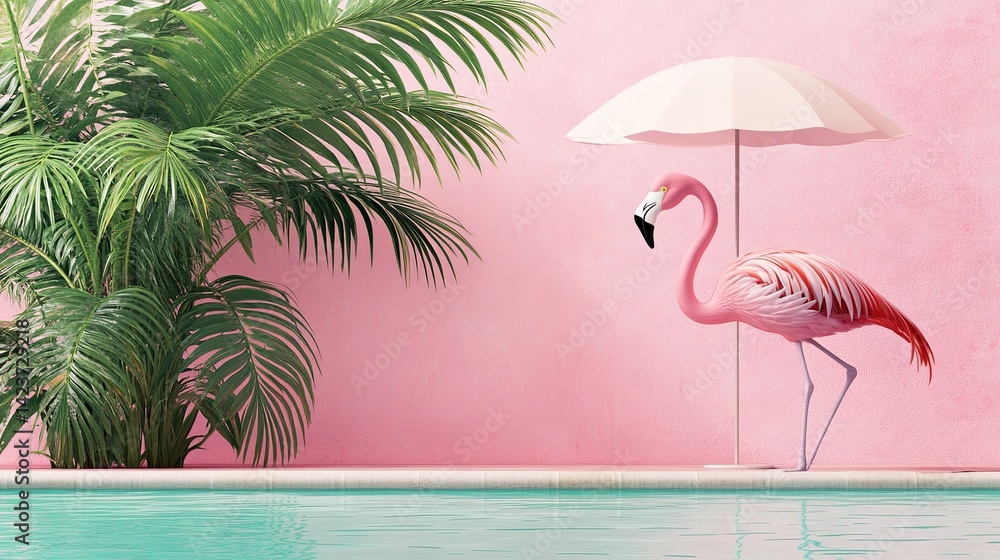 Naklejka premium A flamingo beside a pool with blank sunshade behind,.