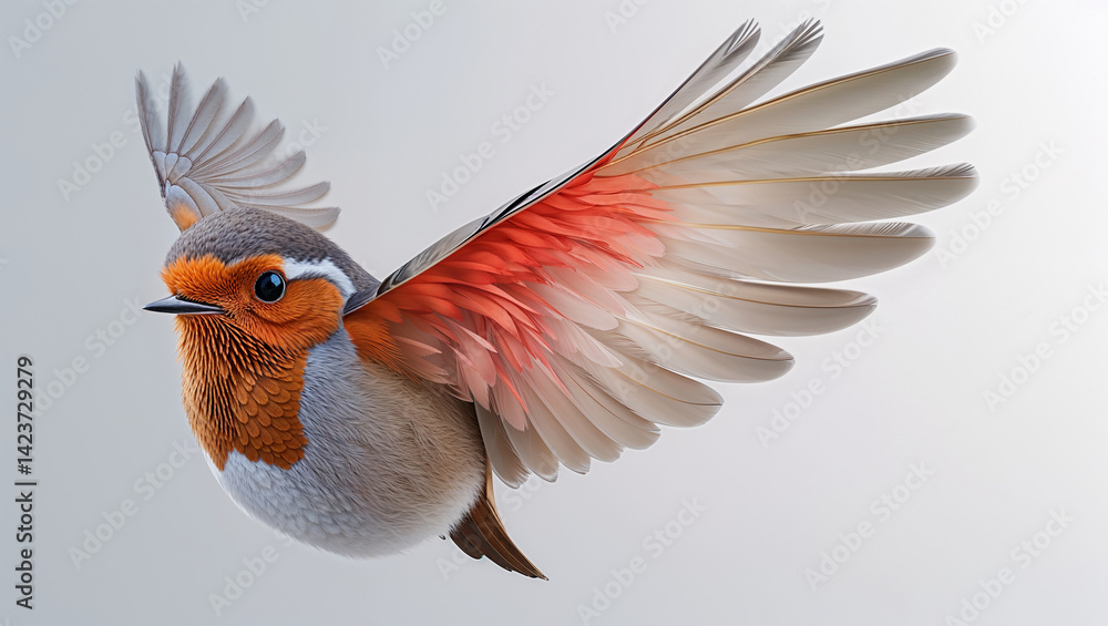 Obraz premium Robin Bird Midflight With Wings Spread On A White Background