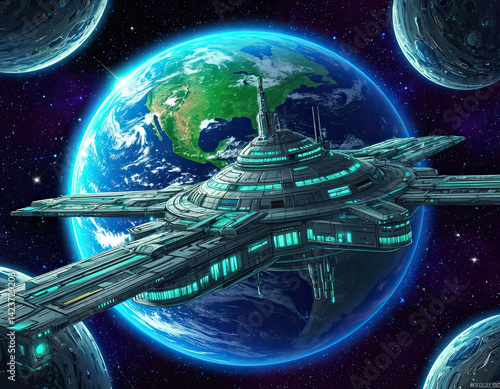 Fototapeta Naklejka Na Ścianę i Meble -  Anime Space Station Orbiting a Planet — Celestial View