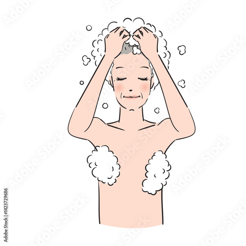 ベクター, イラスト, 洗髪, シャワー, お風呂, バスタイム, 髪を洗う, 髪, ヘアー, ヘアケア, ヘアサロン, ヘアトリートメント, シャンプー, トリートメント, リンス, ビューティー, 美容, 美容院, 美容室, 人物, 日本人, 女性, かわいい, 白バック, 上半身, 髪の毛, ヘアエステ, ヘッドスパ, プロフェッショナルケア, ロングヘア, バスルーム, ヘッドマッサージ,