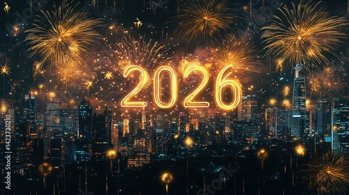 Spectacular 2026 New Year's Eve Fireworks Display over Cityscape at night