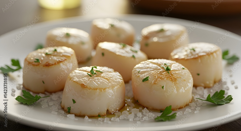 A plate of freshly shucked scallops lightly seared in garlic butter A plate of freshly shucked scallops lightly seared in garlic butter