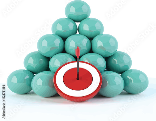Turquoise balls pyramid with target and arrow stock photo for business success and achievement concept