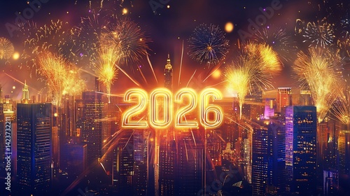 Spectacular 2026 New Year Celebration Fireworks Display Over City Skyline