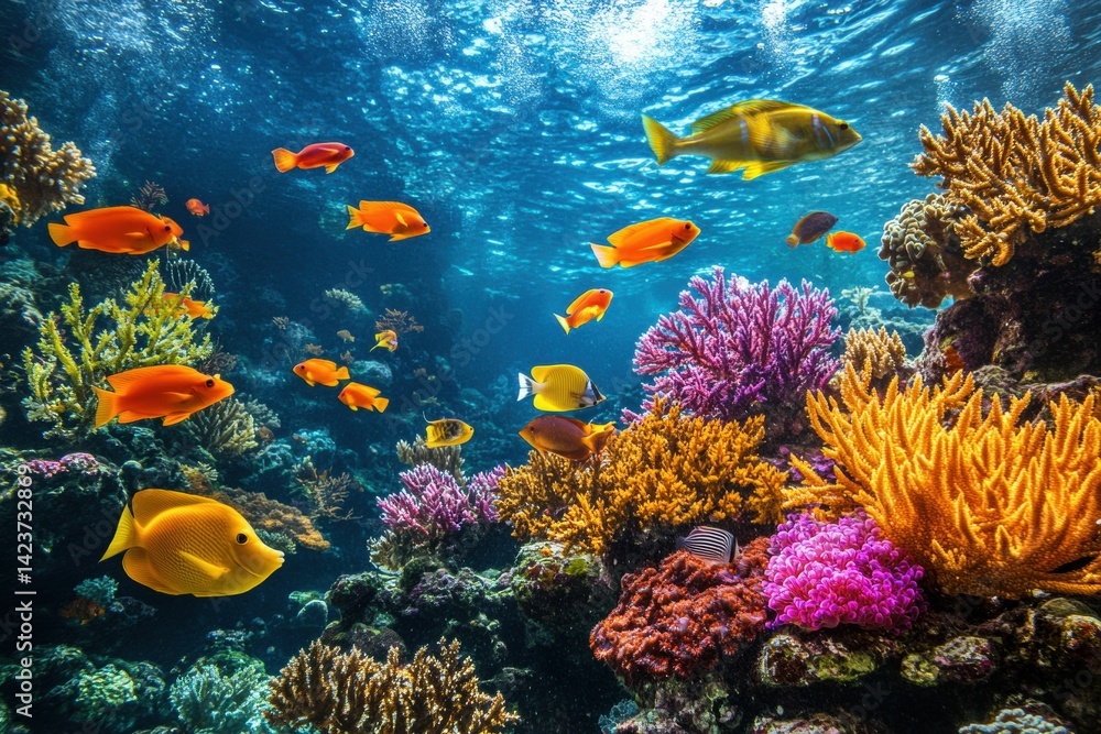 Naklejka premium Underwater view of fish and coral in clear tropical water