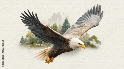 Majestic bald eagle in flight over a mountain landscape. Soft, muted color palette. 