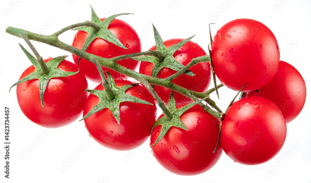 Red cherry tomatoes covered with water drops on branch isolated on white background. Red cherry tomatoes covered with water drops on branch isolated on white background.
