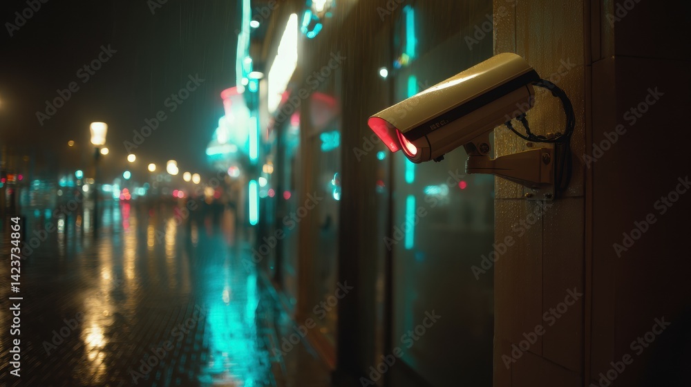 A security camera mounted on building corner overlooking a rainy city street, neon reflections on wet pavement A security camera mounted on building corner overlooking a rainy city street, neon reflections on wet pavement
