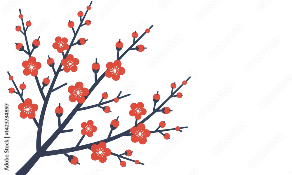 Red Plum Blossom Branch, Spring Bloom, Transparent Background.