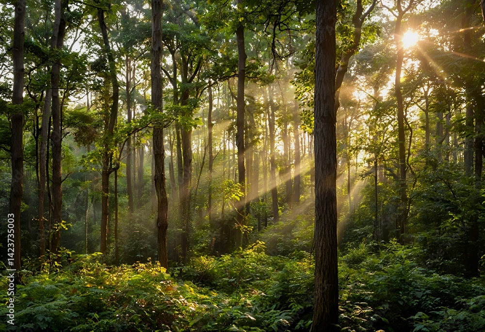 Obraz premium golden sunlight streams through a dense, lush forest, illuminating the vibrant green undergrowth and towering tree trunks.