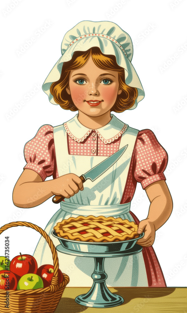 Retro Girl Baking Pie, Basket of Apples, Transparent Background.