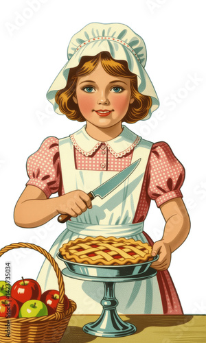 Obraz na płótnie Retro Girl Baking Pie, Basket of Apples, Transparent Background. w salonie