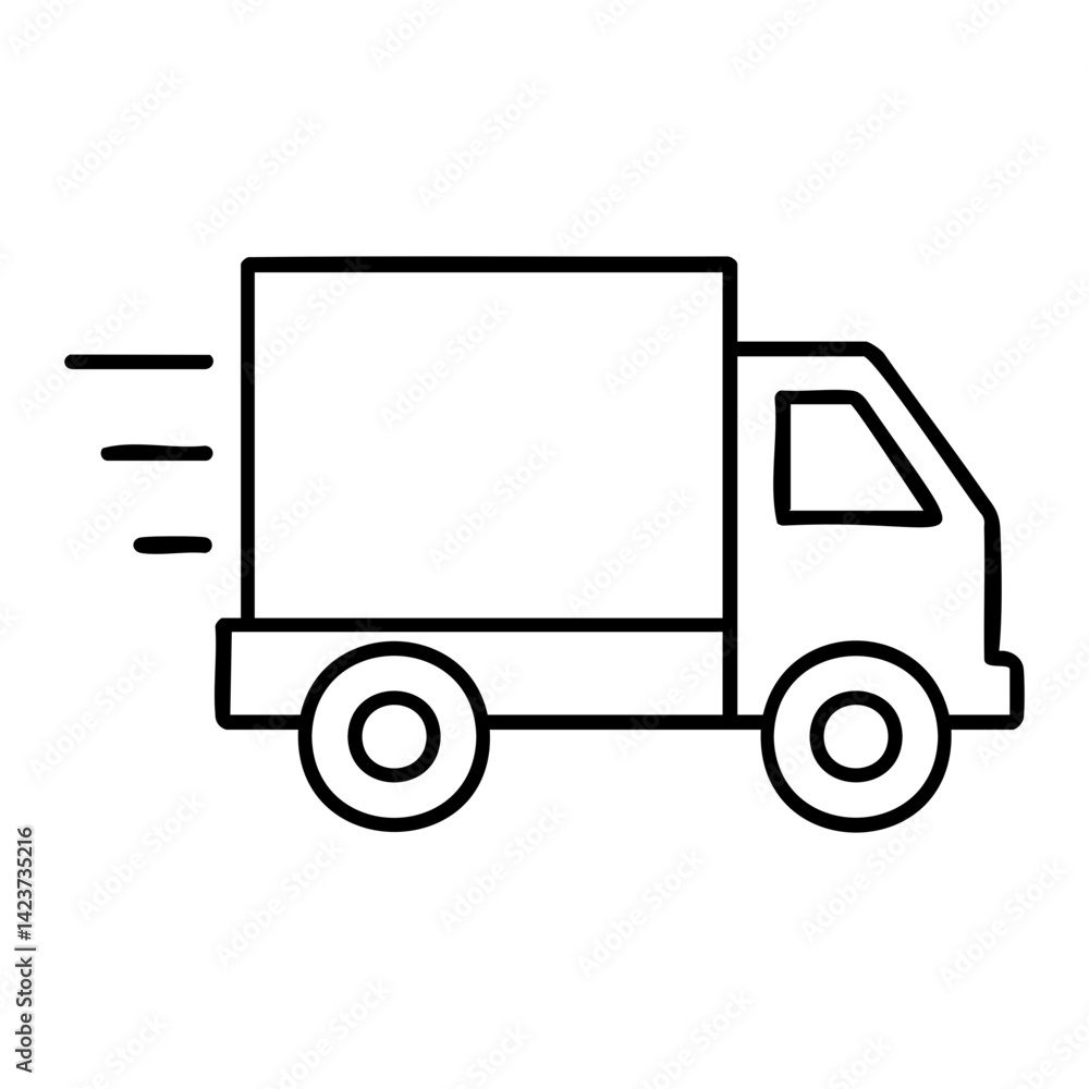Outline icon of a delivery truck with speed lines, symbolizing express shipping, logistics, courier service, or fast transportation. Outline icon of a delivery truck with speed lines, symbolizing express shipping, logistics, courier service, or fast transportation.