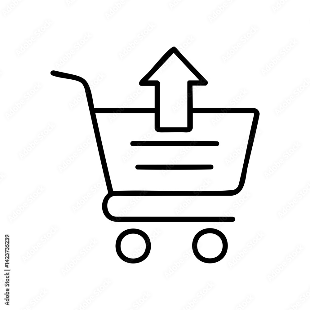 Outline icon of a shopping cart with an upward arrow, representing checkout, upload, add to store, or e-commerce functionality. Outline icon of a shopping cart with an upward arrow, representing checkout, upload, add to store, or e-commerce functionality.