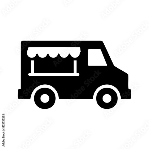 Black silhouette of a food truck with awning, representing street food, mobile kitchens, and food vendor businesses or events.